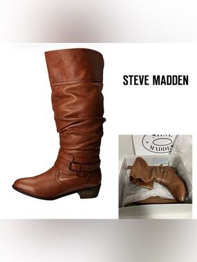 STEVE MADDEN - 8 - LIKE NEW - CASSTRO GENUINE LEATHER COGNAC BROWN SLOUCHY BOOTS